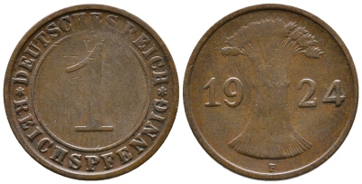 ГЕРМАНИЯ 1 РЕЙХСПФЕННИГ 1924 F KM 37, J. 313 бронза 39-854