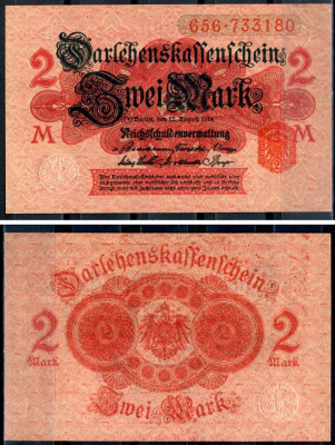 Германия 2 марки 1914 красная бумага Pick 54 бумага UNC (пресс) 2196-4-3-1