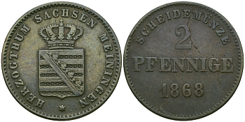 Саксен-Мейнинген 2 пфеннига 1868 Георг II (1866-1914) KM 174 медь 99-661