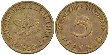 ФРГ 5 пфеннигов 1950 J KM 107, J. 382 сталь плакированная латунью 4514-144