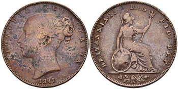 Великобритания 1 фартинг 1847 Виктория (1837-1901) KM 725, Spink 3950 медь 4126-713