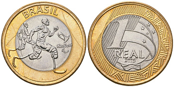 Бразилия 1 реал 2015 XV летние Паралимпийские игры, Рио-де-Жанейро 2016 - Паралимпийская атлетика KM 710 биметалл UNC 4140-145