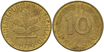 ФРГ 10 пфеннигов 1979 J J. 383, KM 108 сталь плакированная латунью    4603-451