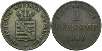 Саксен-Мейнинген 2 пфеннига 1868 Георг II (1866-1914) KM 174 медь 99-661