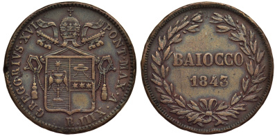 Ватикан 1 байоччо 1843 A.XIII. R медь 1521-243