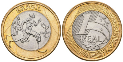 Бразилия 1 реал 2015 XV летние Паралимпийские игры, Рио-де-Жанейро 2016 - Паралимпийская атлетика KM 710 биметалл UNC 4140-145