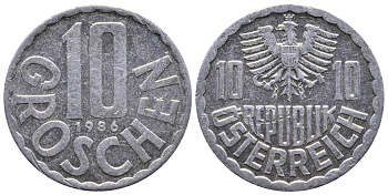 АВСТРИЯ 10 ГРОШЕЙ 1986 KM 2878 алюминий 53-634