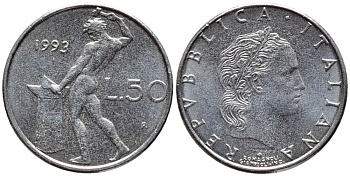ИТАЛИЯ 50 ЛИР 1993 R, КУЗНЕЦ KM 95.2 сталь 4396-1146