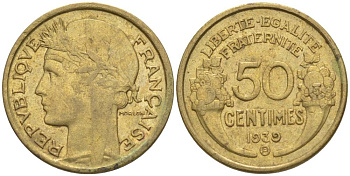 ФРАНЦИЯ 50 САНТИМОВ 1939 В, ТИП MORLON, МОНДВОР БРЮССЕЛЬ KM 894.2, LE FRANC 192.16 алюминиевая бронза 44-917