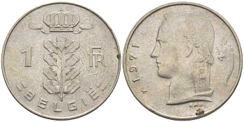 Бельгия 1 франк 1971 Belgie, Бодуэн I (1951-1993) KM 143.1 медно-никель 119-625