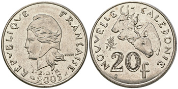 Французская Новая Каледония 20 франков 2005 три быка, (IEOM) KM 12, Schoen 14, Lec 15i никель 4131-732