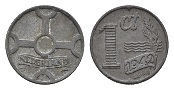 Нидерланды 1 цент 1942 Вильгельмина (1890-1948) KM 170 цинк 4674-1166