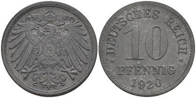 Германия 10 пфеннигов 1920  KM 26, J. 299 цинк    4143-257