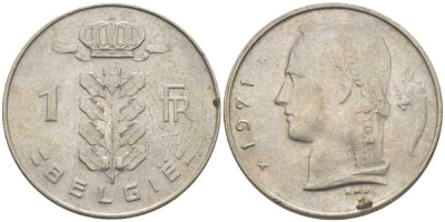 Бельгия 1 франк 1971 Belgie, Бодуэн I (1951-1993) KM 143.1 медно-никель 119-625