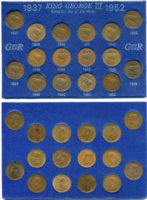 Великобритания погодовой набор из 16 монет номиналом в 1 фартинг 1937-1952 Георг VI (1936-1952) Spink 4116, 4119 бронза 3-6-2-40