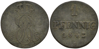 Ганновер 1 пфенниг 1842 S, Эрнст Август (1837-1851) KM 173.3, AKS 128, J. 54 медь 4608-353