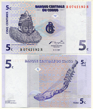 ДР Конго 5 сантимов 1997 маска суку, музыкальный инструмент занде Pick 81 a бумага UNC (пресс) 7548-56-3