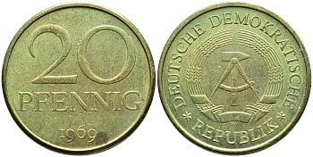 ГДР 20 пфеннигов 1969 A, первый год KM 11 латунь 4395-334
