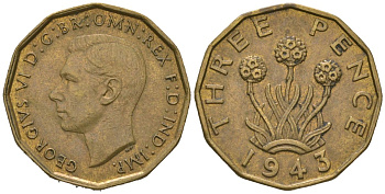 Великобритания 3 пенса 1943 Георг VI (1936-1952) KM 849, Spink 4112 никель латунь 4163-636