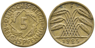ГЕРМАНИЯ 5 РЕЙХСПФЕННИГОВ 1925 F KM 39, J. 316 алюминиевая бронза 39-538