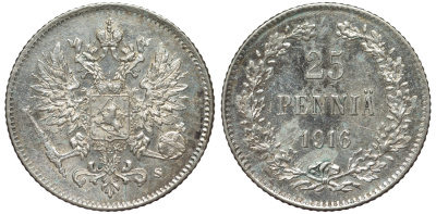 Россия для Финляндии 25 пенни 1916 S, Николай II (1894-1917) KM 6.2, Биткин 421 серебро 75-1344