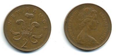 Великобритания 2 пенса 1971 Елизавета II (1952-2022) КМ 916, Spink 4235 (C1) бронза 4110-556