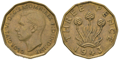 Великобритания 3 пенса 1943 Георг VI (1936-1952) KM 849, Spink 4112 никель латунь 4163-636