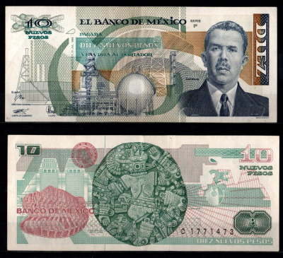 Мексика 10 новых песо 1992 Pick 95 (8) бумага 7198-21-3-2