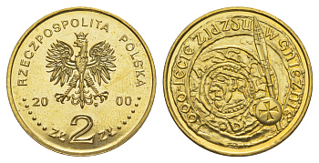 Польша 2 злотых 2000 MW, 1000 лет конвенции в Гнезно KM 377 нордик  UNC  413-5632