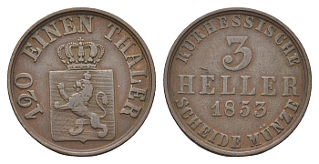 Гессен-Кассель 3 геллера 1853 Фридрих Вильгельм I (1847-1866) KM 612 медь 4122-611