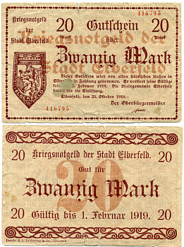 Германия, округ Эльберфельд 20 марок 1918 Вупперталь, Северный Рейн-Вестфалия, нотгельд, с 25 октября 1918 по февраль 1919 Geiger 124.04  бумага   435-42-1-2