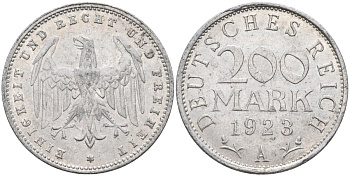 Германия 200 марок 1923 А KM 35, J. 304, Weege 22 алюминий 4584-532