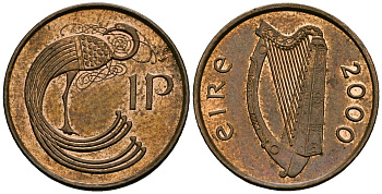 Ирландия 1 пенни 2000 мифологическая птица лира KM 20a сталь плакированная медью 4138-912