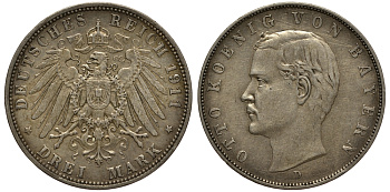 Бавария 3 марки 1911 Отто (1886-1913) Weege 45, J. 47, KM 515 серебро 3711-2041