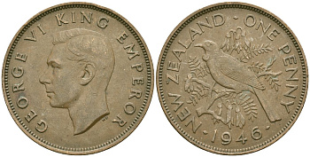 Новая Зеландия 1 пенни 1946 Георг VI (1936-1952), новозеландский туи KM 13 бронза 32-835