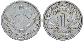 Франция 1 франк 1942 lb, тип Lourdе, правительство Виши KM 902.1, Le Franc 222.2 алюминий 25-2336