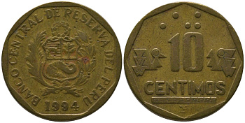 Перу 10 сентимо 1994 LIMA KM 305.1, Schon 104 латунь 4543-556