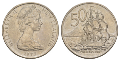 Новая Зеландия 50 центов 1973 Елизавета II (1952-2022), парусник Индевор KM 37 медно-никель 4683-846