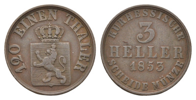 Гессен-Кассель 3 геллера 1853 Фридрих Вильгельм I (1847-1866) KM 612 медь 4122-611
