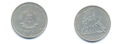 ГДР 10 марок 1972 A, мемориал Бухенвальда KM 38, J. 1539 медно-никель 3333-243