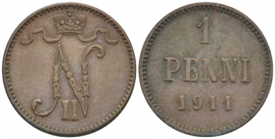 Россия для Финляндии 1 пенни 1911 Николай II (1894-1917) KM 13, Биткин 471 медь 4396-1349