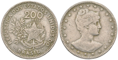 Бразилия 200 реалов 1901 MCMI, голова свободы вправо KM 504 медно-никель 4612-256