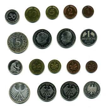 ФРГ набор из 9 монет 1974 F (1, 2, 5, 10, 50 пфеннигов, 1, 2, 2, 5 марок), 5 марок серебро PROOF N5-06