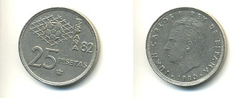 Испания 25 песет 1980 (82) чемпионат мира по футболу в Испании 1982 года, Хуан Карлос I (1975-) KM 818 медно-никель 54-2236