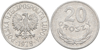 ПОЛЬША 20 ГРОШЕЙ 1978 MW KM A47 алюминий VF-XF 188-757