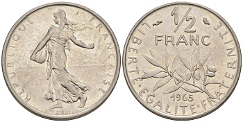 Франция 1/2 франка 1965 сеятель KM 931, Le Franc 198.3 никель 55-117