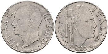 ИТАЛИЯ 20 ЧЕНТЕЗИМО 1940 R, ГОД XVIII, ВИКТОР ЭММАНУИЛ III (1900-1946), МАГНИТНАЯ, ГУРТ РИФЛЁНЫЙ KM 75b, VEM3. 1025 нержавеющая сталь 3853-514