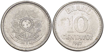 БРАЗИЛИЯ 10 СЕНТАВО 1987 РЕФОРМА 1986-1989 KM 602 нержавеющая сталь 100-359