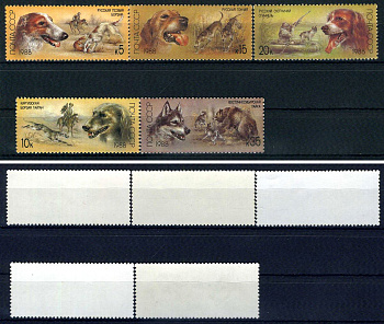 СССР набор из 5 марок (5, 10, 15, 20 и 35 копеек) 1988 Отечественные породы охотничьих собак - русская псовая борзая, киргизская борзая тайган, русская гончая, русский охотничий спаниель, восточносибирская лайка Загорский 5879, 5880, 5881, 5882 и 5883    