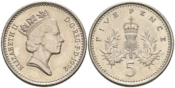 Великобритания 5 пенсов 1992 Елизавета II (1952-2022) KM 937b, Spink 4372 (D4) медно-никель 4115-726